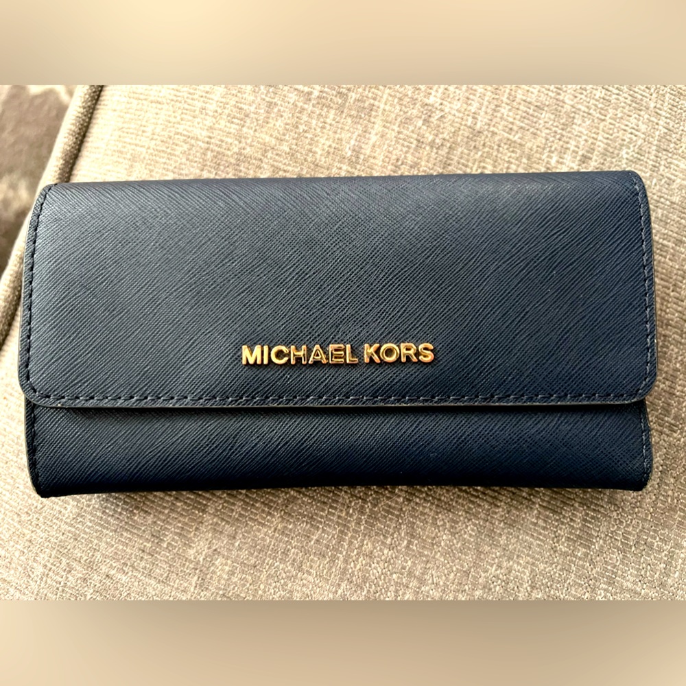 Michael Kors Navy trifold wallet with floral print interior